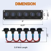 6 Gang Switch Panel 12V 20A Waterproof Round Rocker Switch Panel Blue LED Lighted 12 Volt Marine Toggle Switch Panel for Car