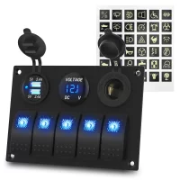 Marine Switch Panel Waterproof 12V 5 Gang Rocker Switch Panel Blue Lighted with Dual USB Socket & Voltmeter & Cigarette Lighter