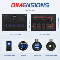 Marine Switch Panel Waterproof 12V 5 Gang Rocker Switch Panel Blue Lighted with Dual USB Socket & Voltmeter & Cigarette Lighter