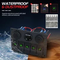 Marine Switch Panel Waterproof 12V 5 Gang Rocker Switch Panel Blue Lighted with Dual USB Socket & Voltmeter & Cigarette Lighter