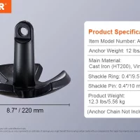 SucceBuy River Anchor 12 lbs Boat Anchor Cast Iron Black Vinyl-Coated with Shackle,  Mushroom Anchor Fit for Boats Up To 10 ft