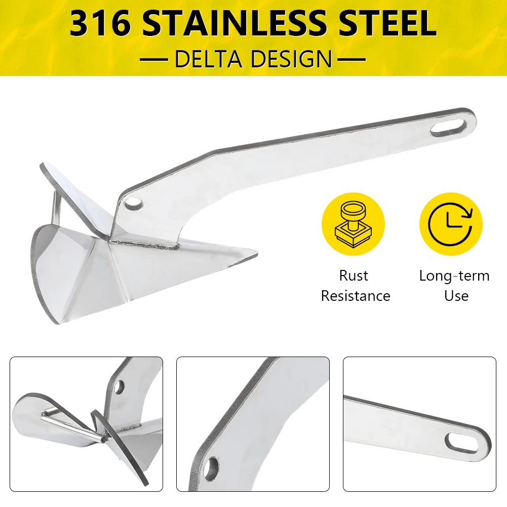 S52242dae0b344a3589db72cb6a5814f3a.webp 11lb/17lb/22 lbs Triangle Boat Anchor, 316 Stainless Steel Delta-Style Anchor, Heavy Duty Wing Style Triangular Anchor