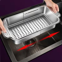 Stainless steel telescopic sink filter basket, adjustable length, used for cleaning fruits, draining spaghetti and dishes