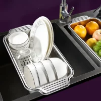 Stainless steel telescopic sink filter basket, adjustable length, used for cleaning fruits, draining spaghetti and dishes