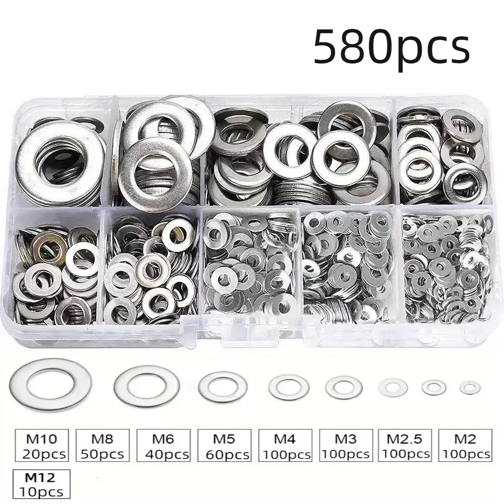 Sb9711015c0504c4098c90fa9c0296e48j-1.webp 360/580pcs 304 Stainless Steel Flat Washers Set, Perfect For Home Decor, Factory Repair, Kitchens, Shops & More