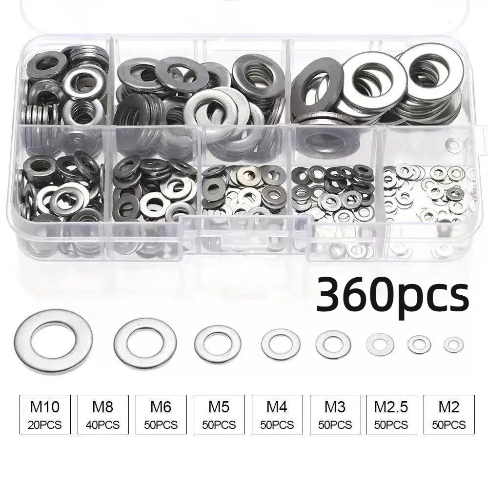 S848a9b7342d046298b3626e6ed3901b3a-1.webp 360/580pcs 304 Stainless Steel Flat Washers Set, Perfect For Home Decor, Factory Repair, Kitchens, Shops & More