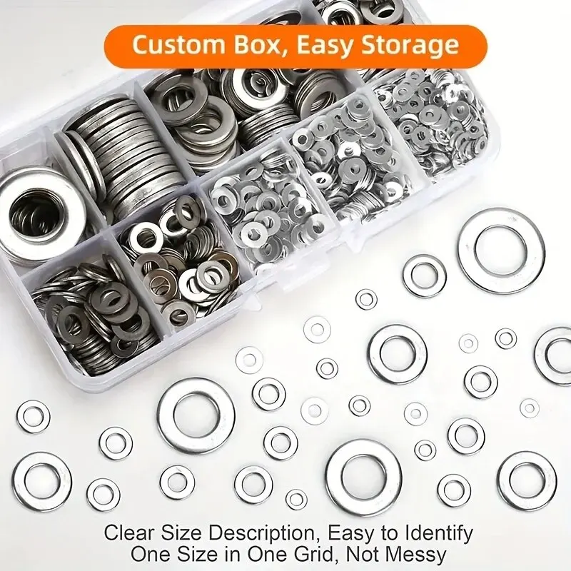 S7c331f104e0145f59c061646c6e8bc25P-1.webp 360/580pcs 304 Stainless Steel Flat Washers Set, Perfect For Home Decor, Factory Repair, Kitchens, Shops & More